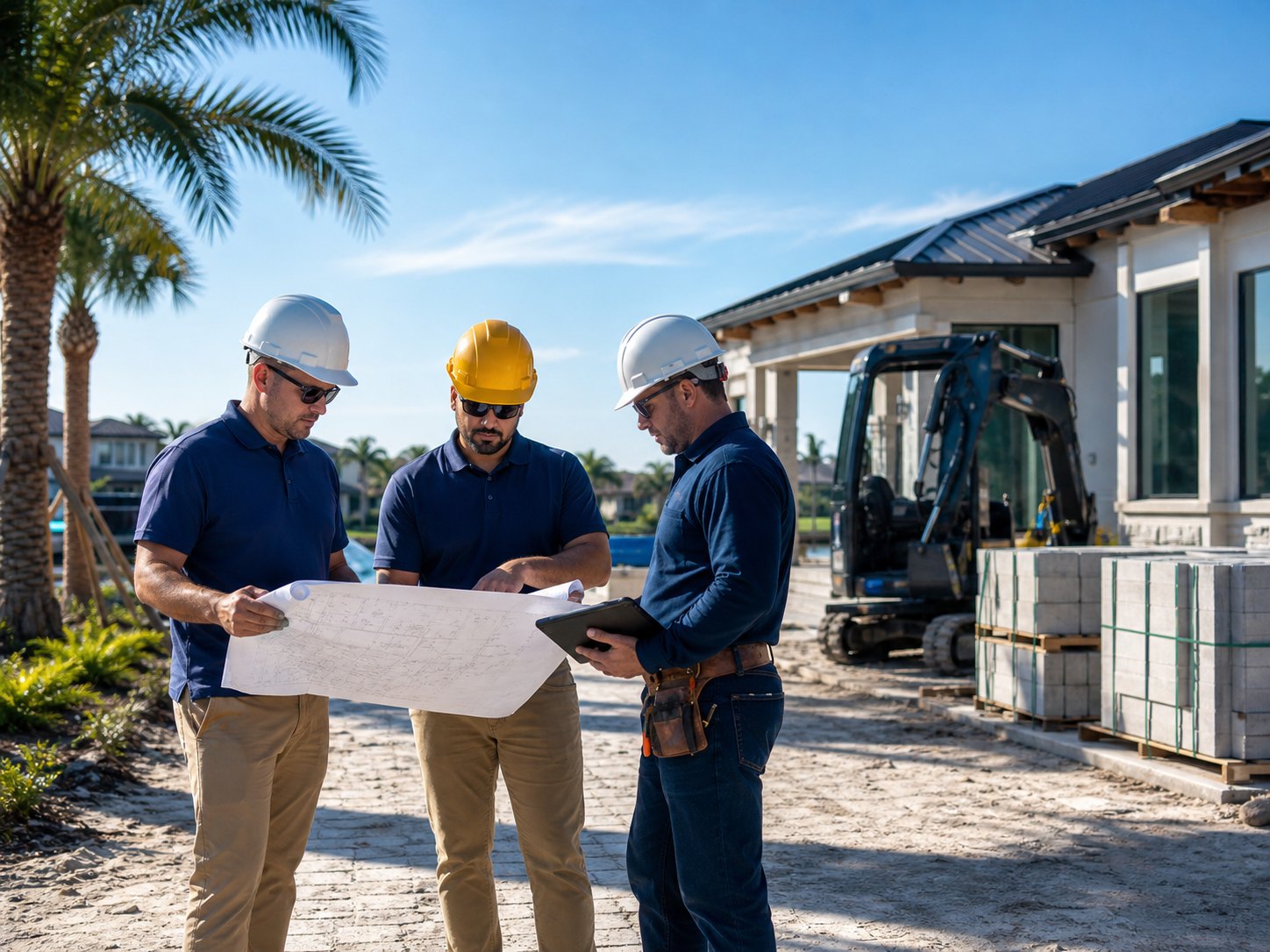 Construction project planning with blueprint and tablet